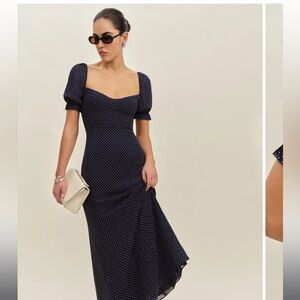 Reformation Gloria Midi Dress Button Navy White Polka Dots